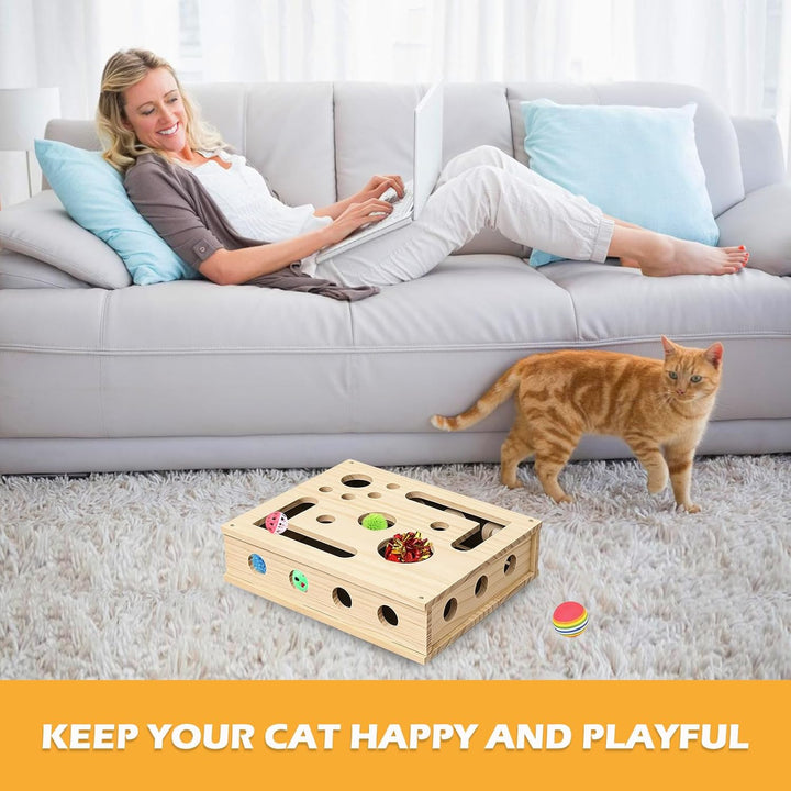Kratzpuzzle Spielbox Holz: 30 x 25 cm Beschäftigungsbox Krallenfeile Katzen mit mattierten Aufkleber