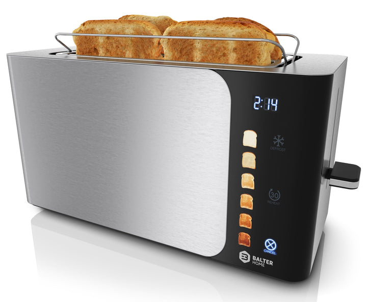 Balter Toaster 4 Scheiben, Touch Bedienung, Langschlitz, Edelstahl, Brötchenaufsatz, LCD Display Lan