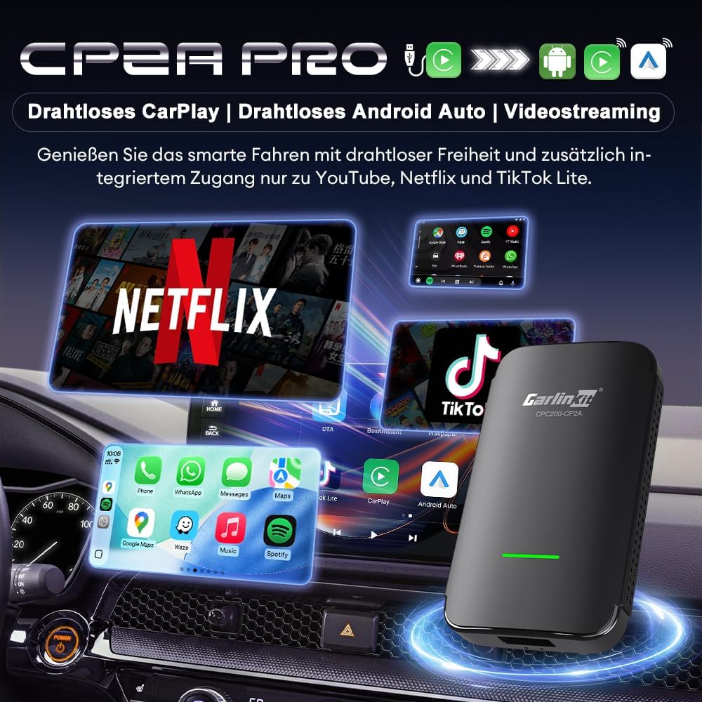 Carlinkit CP2A Pro Wireless CarPlay Adapter–Unterstützt für Netflix/YouTube/TikTok Lite Streaming we