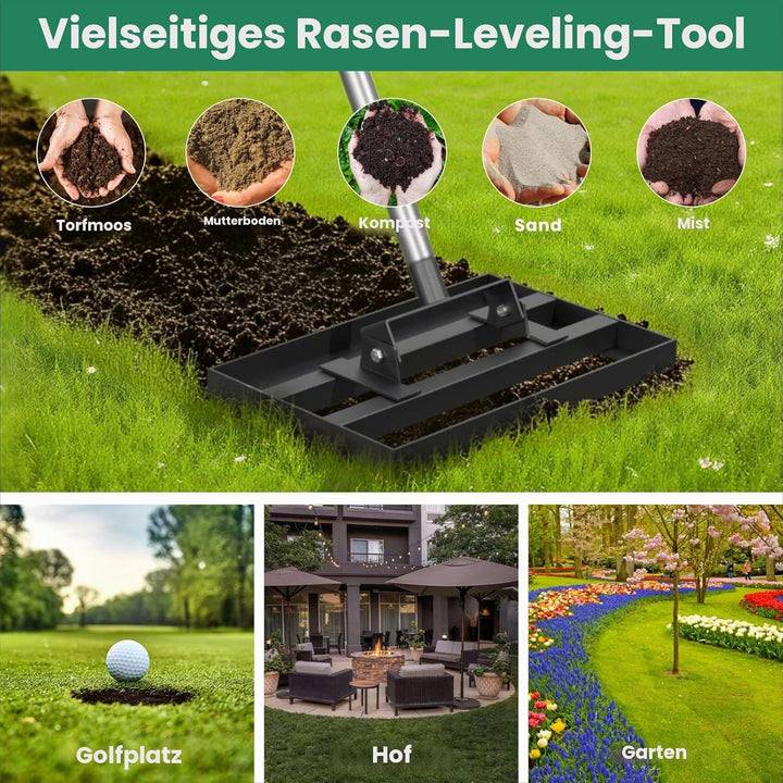 43,2 x 25,4 cm Rasen-Nivellierrechen mit 198,1 cm verstellbarem Edelstahlgriff – robustes Grasnivell