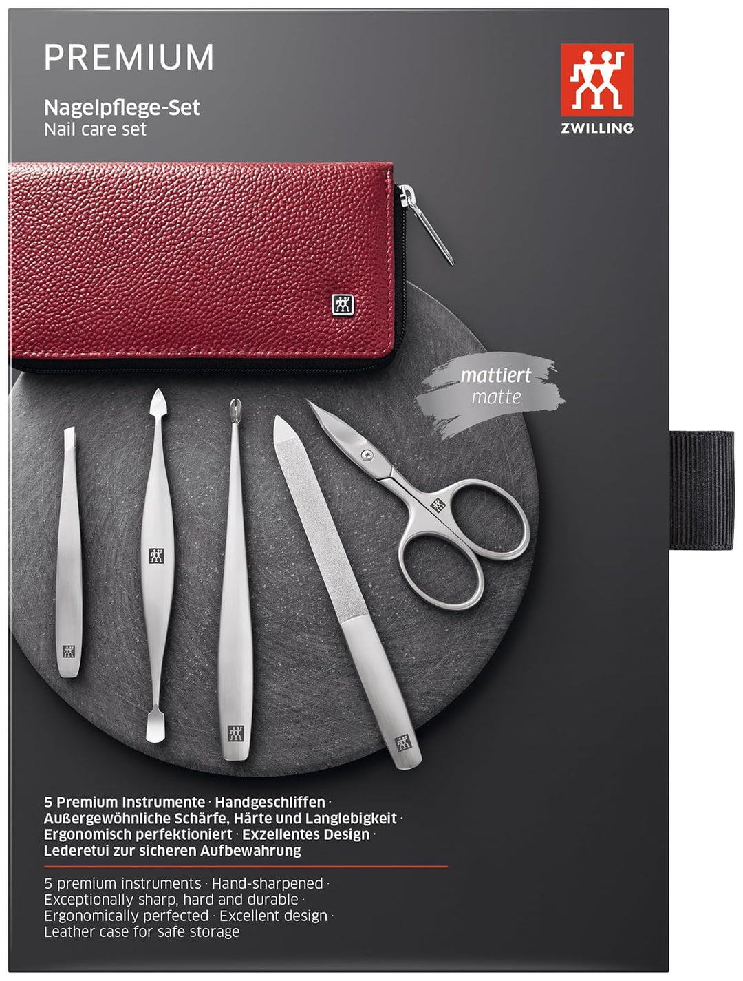 ZWILLING Maniküre Pflege Set, 5-teilig, Asian Competence, Leder, Geschenkset, Premium, Rot