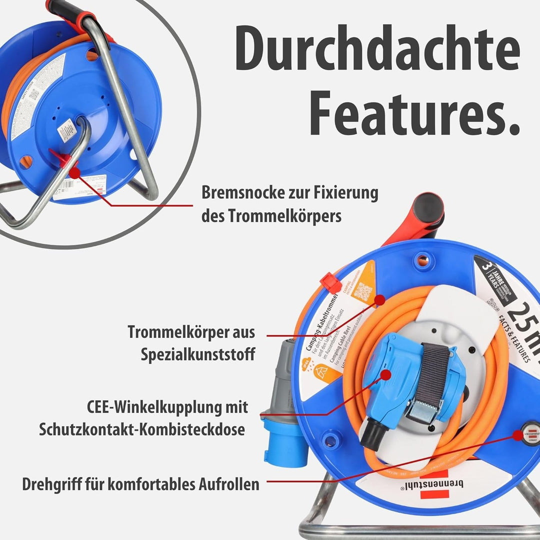 Brennenstuhl Camping-Kabeltrommel / CEE 230V Kabeltrommel 25m (H07RN-F 3G2,5 in orange, CEE-Winkelku