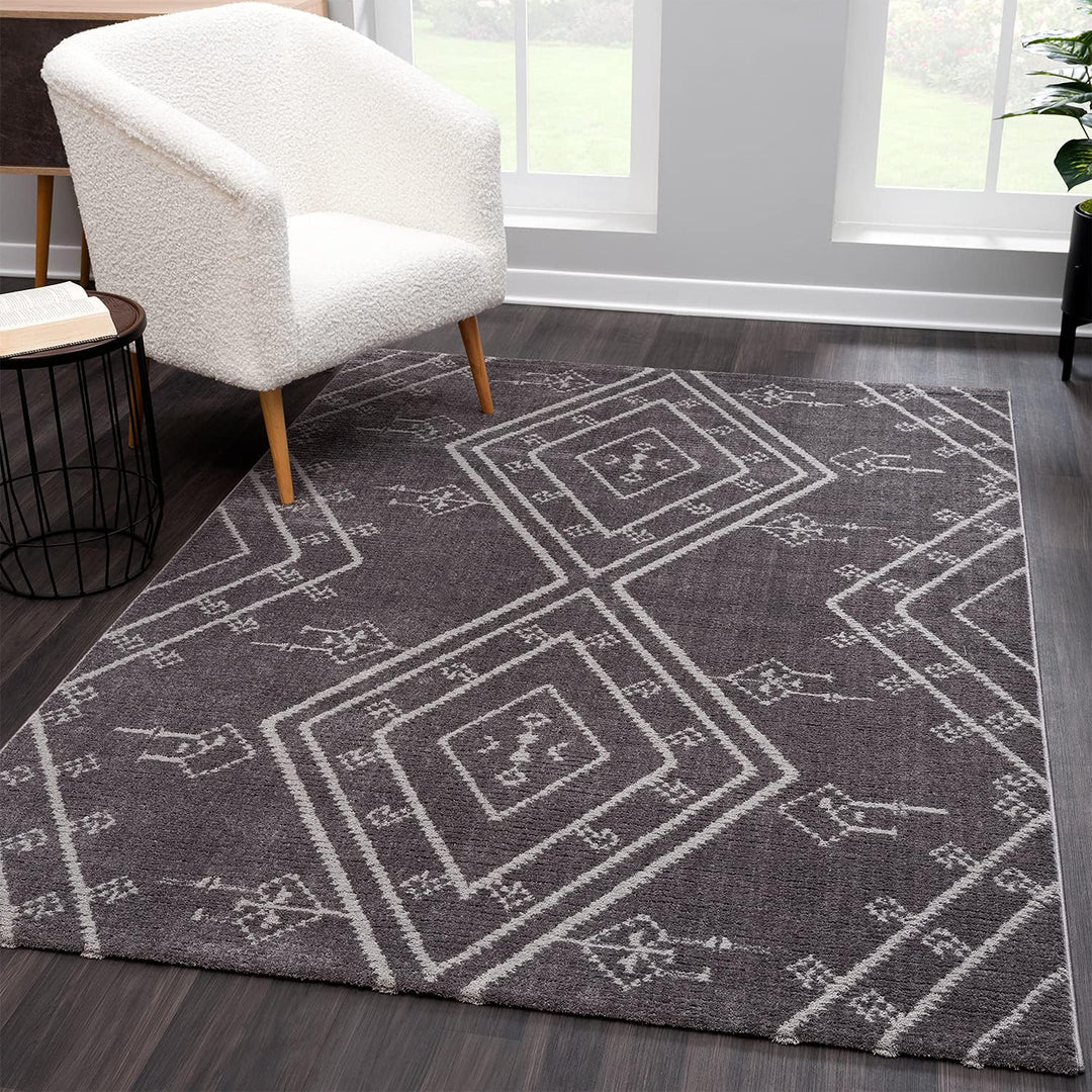 payé Teppich Wohnzimmer Ethno Berbermuster - Grau 140x200cm - Hochflor weich Boho Schlafzimmer Flur