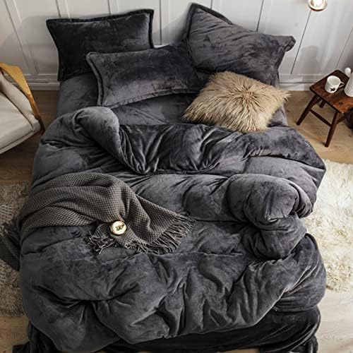 Omela 4 Teilig Warm Fleece Winter Bettwäsche 135x200 Dunkelgrau Cashmere Touch Plüsch Bettbezug mit