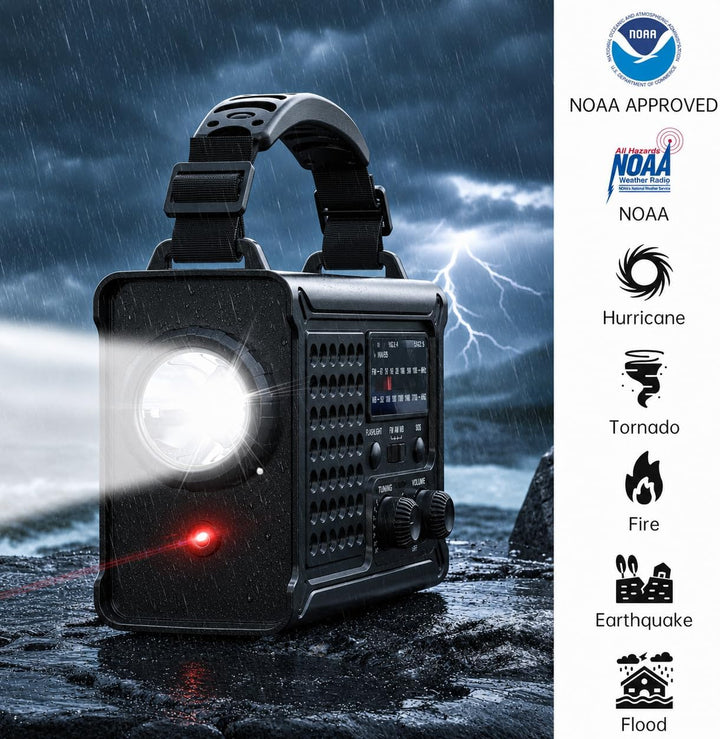 NOAA Notfall-Wetterradio, 12000 mAh/44400 mWh, tragbares AM/FM mit Solar/Handkurbel/USB-wiederauflad