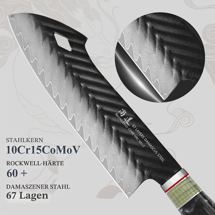 SHANGDAO Damast-Santokumesser 19 cm, 67 Lagen legierter Stahl, mit professionell handgeschmiedetem H