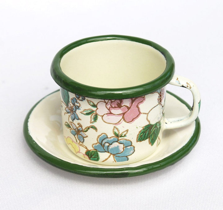 Emaille Tasse mit Untertasse BsB 11/61 Volldekor emailliert 5 cm Kaffeebecher, Volldekor