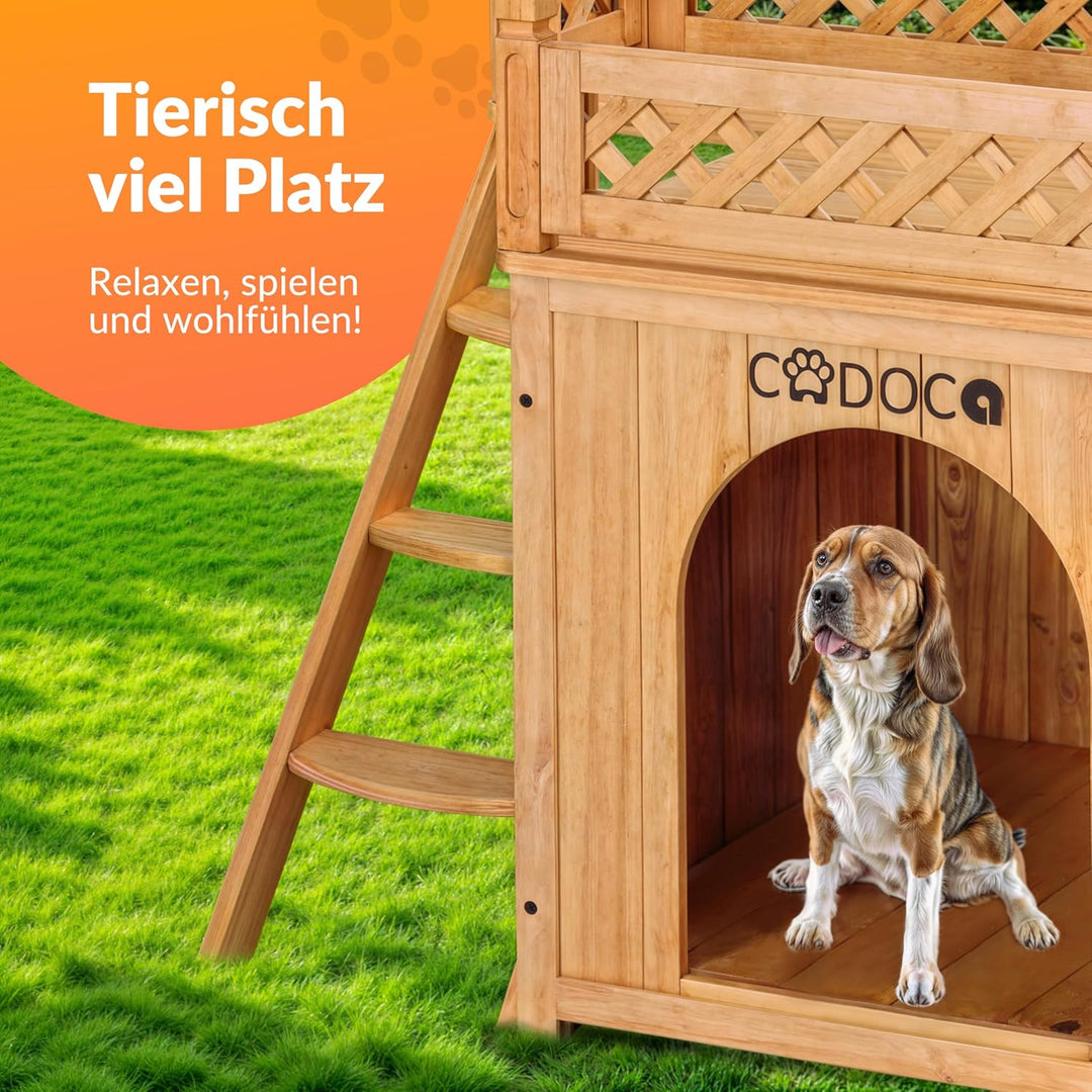 CADOCA® Tierhaus FSC®-Zertifiziert Kiefer 65x55x54cm 2-stöckig Treppe Sonnenterrasse Katzenhaus Katz