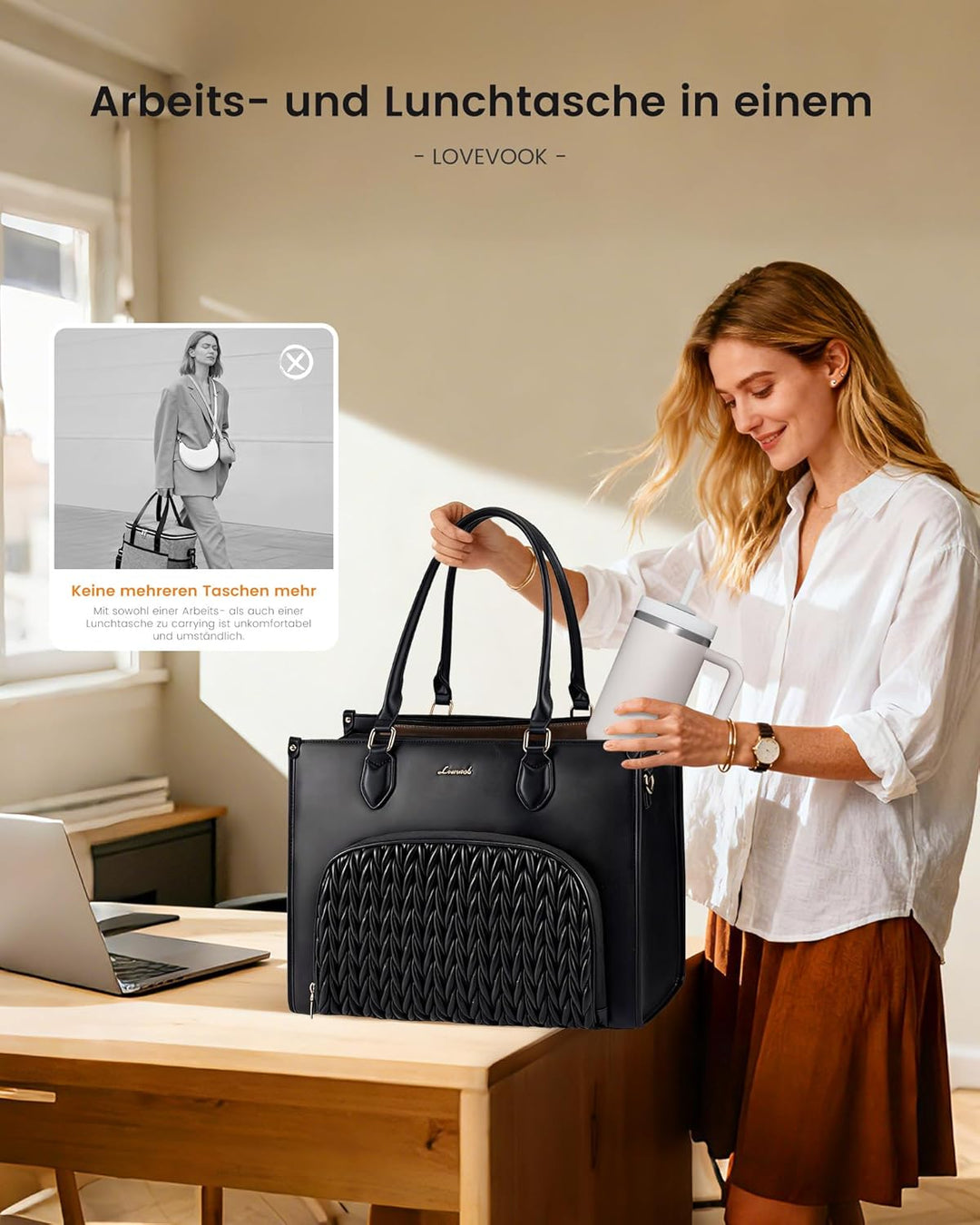 LOVEVOOK Arbeitstasche Damen mit Isolierted Kühlfach, Handtasche mittelgross, 15,6 Zoll Laptoptasche
