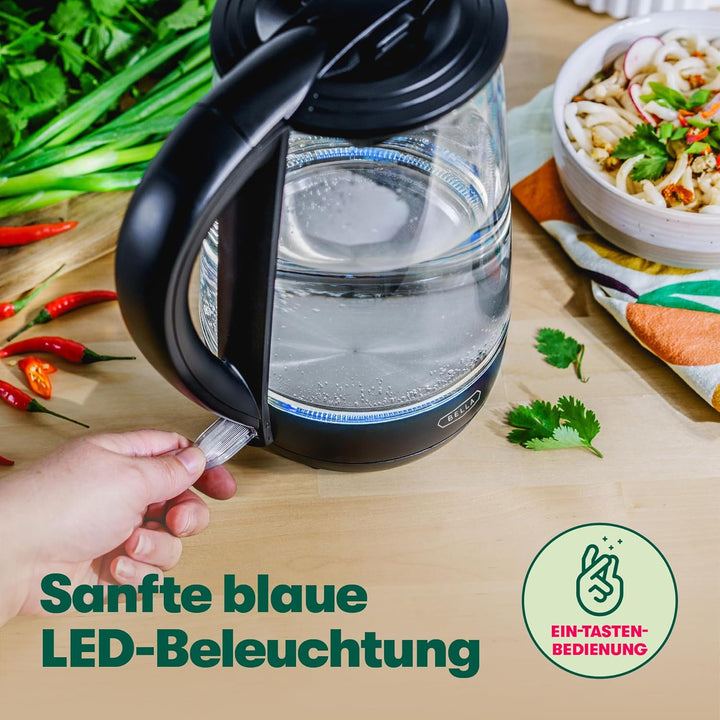 bella Elektrischer Wasserkocher, 1,7 l – Mobiler, schnurloser LED-Farbwechsel-Teekessel aus Klarglas