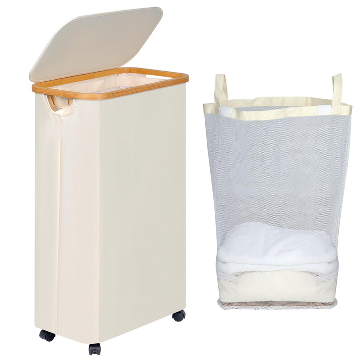 efluky Wäschekorb mit Rollen, 75L Faltbarer Wäschekorb mit Deckel, Beige Schlanker Wäschebehälter mi