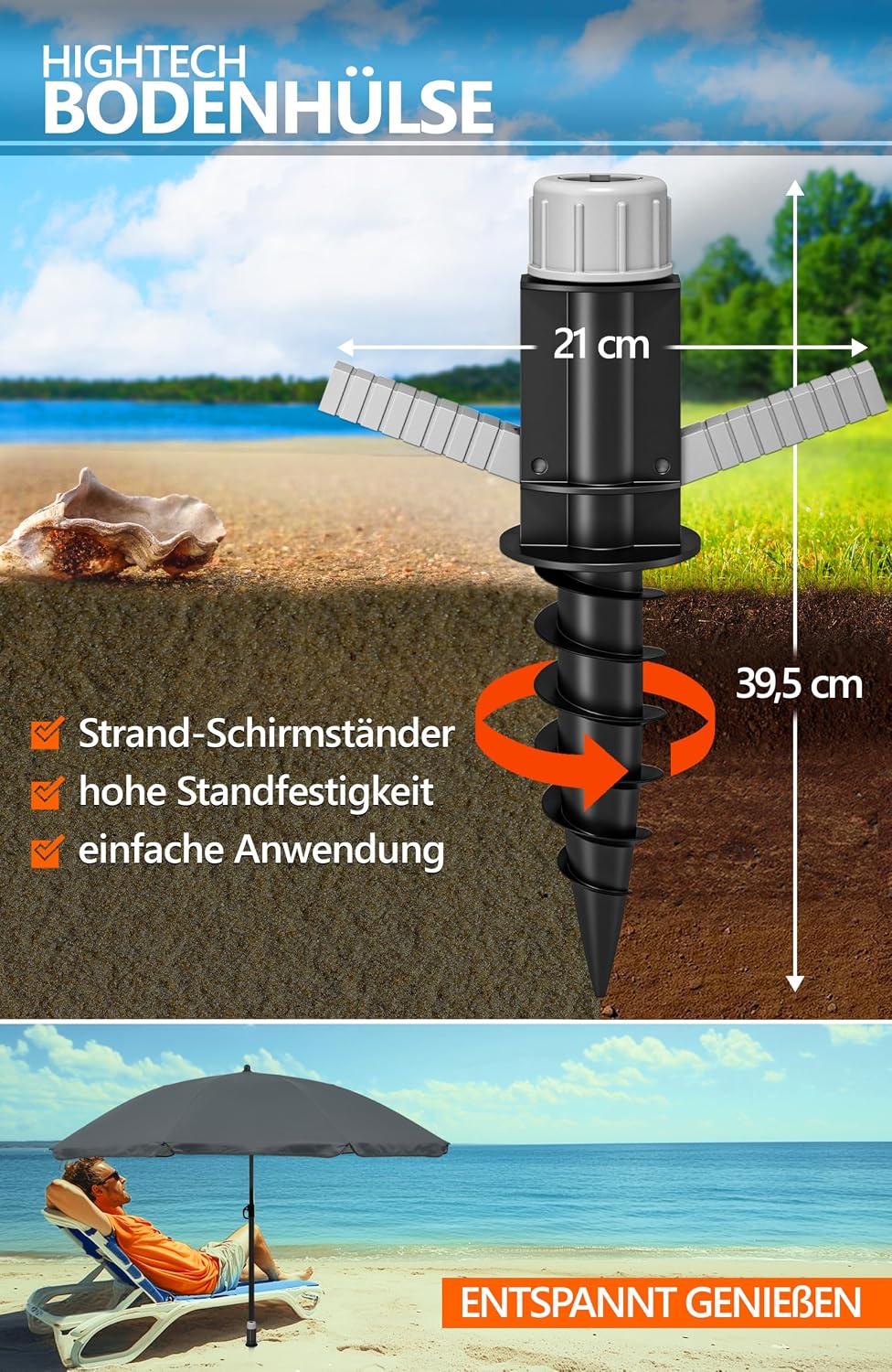 4smile Sunnyjoy Sonnenschirm Strand 3-IN-1 Set - Strandschirm windfest stabil, UPF 50+ Sonnenschirm