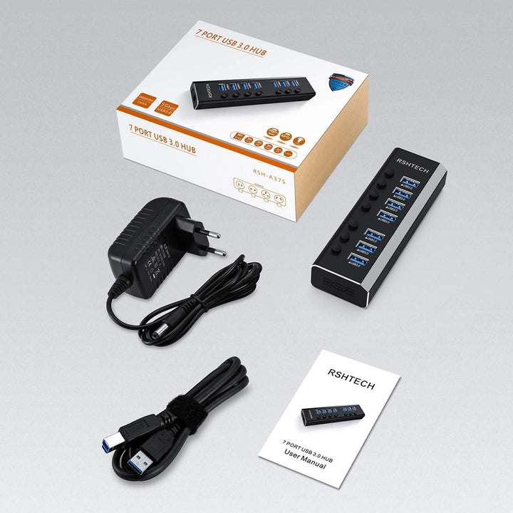RSHTECH Aluminium 24W USB Hub Aktiv 3.0 mit 12V/2A Netzteil, 7-Port USB 3.0 Hub Multiport USB 3.0 Ve