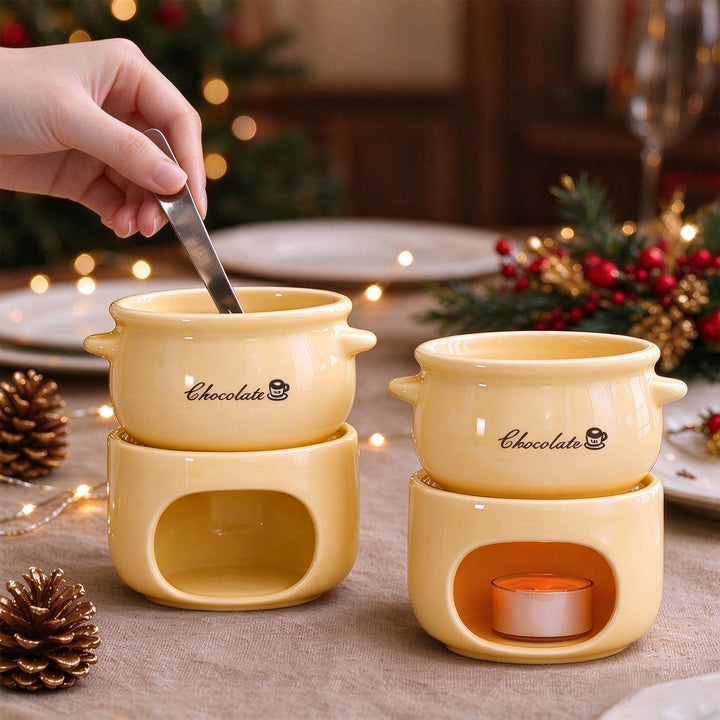 Keramik Schokoladenfondue Set mit 4 Gabeln, Gelb