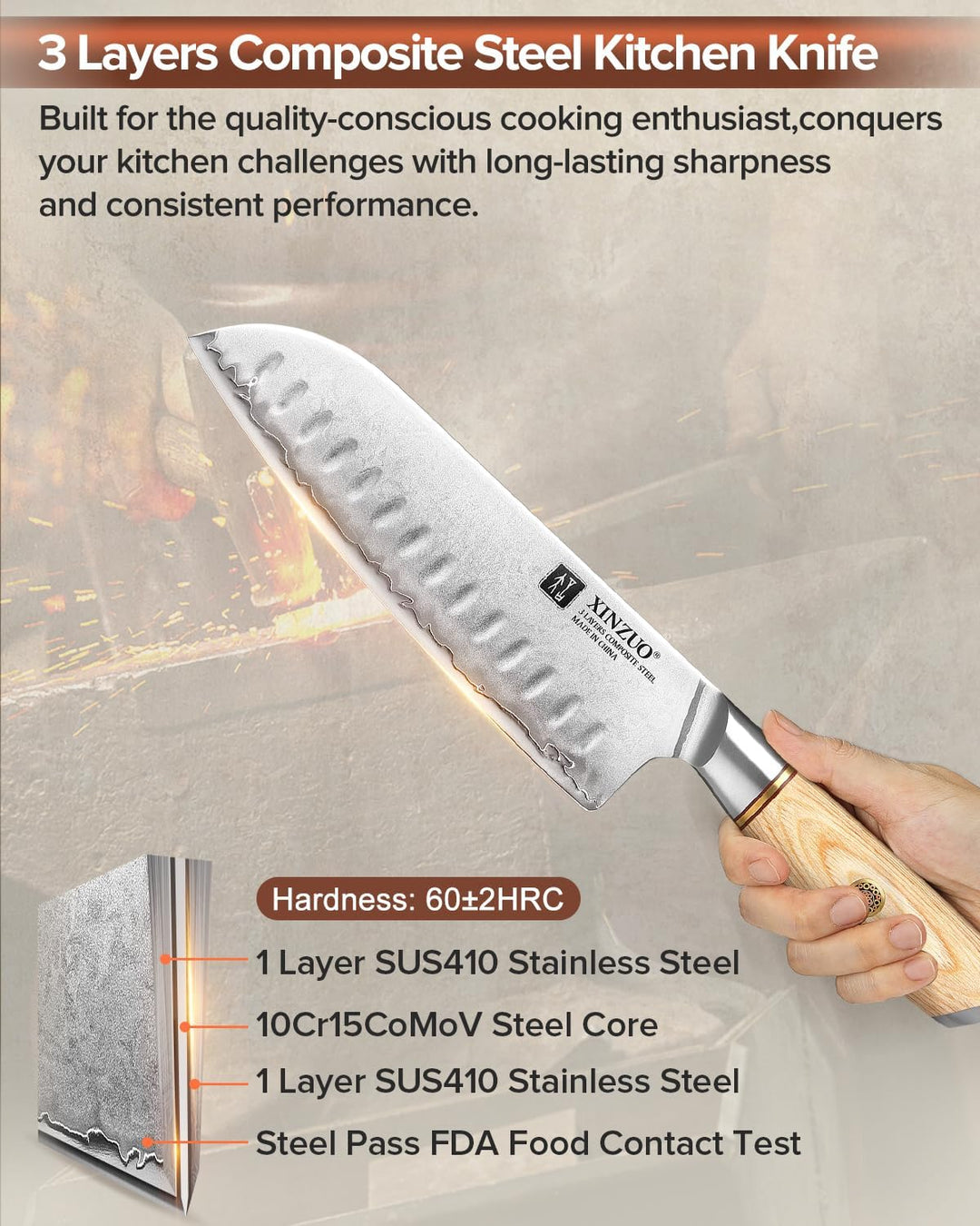 XINZUO Edelstahl 18.2cm Santokumesser, 3 Schichten Verbundstahl 10Cr15CoMoV Kochmesser, Profi Chefme