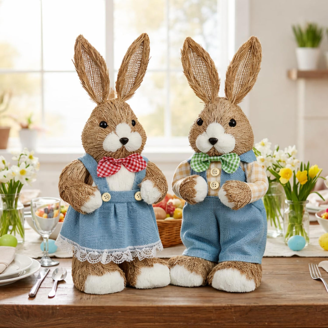 com-four® 2X Stroh Osterhase handgemacht - Deko-Osterhase zur Osterdekoration - Strohfiguren für Ost