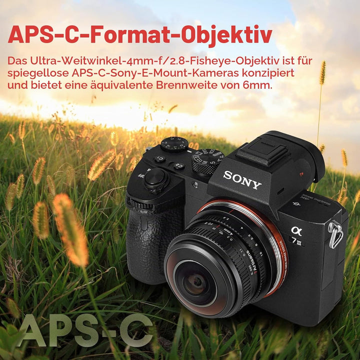 7artisans 4mm F2.8 kreisförmiges Fisheye-Objektiv, 225 ° Ultraweitwinkel, kompatibel mit APS-C Sony