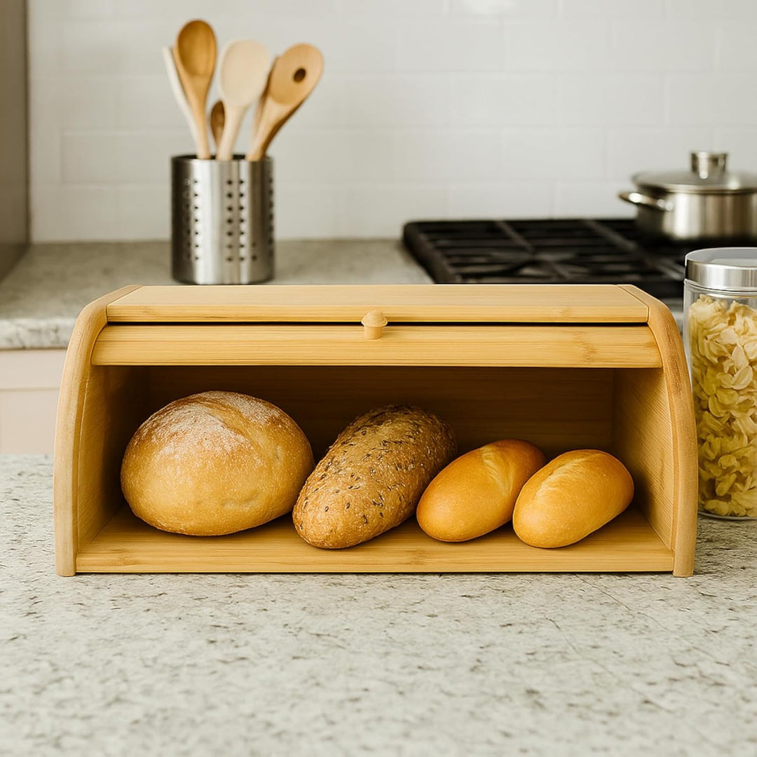 Brotkasten 40,5 cm aus Bambus, Rollbrotkasten mit Klappdeckel, Brotdose für Küche und Arbeitsplatte,