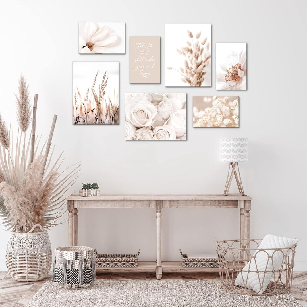Novart Wandbilder Boho Blumen - KOMPLETT AUFHÄNGFERTIG - Beige Wohnzimmer Schlafzimmer- 7 Moderne Mo