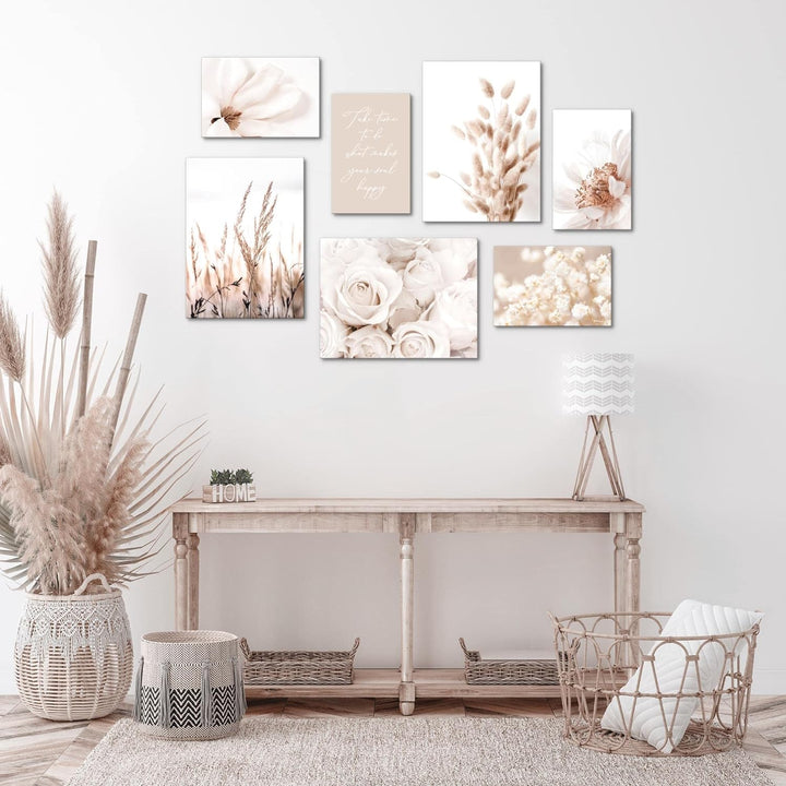 Novart Wandbilder Boho Blumen - KOMPLETT AUFHÄNGFERTIG - Beige Wohnzimmer Schlafzimmer- 7 Moderne Mo