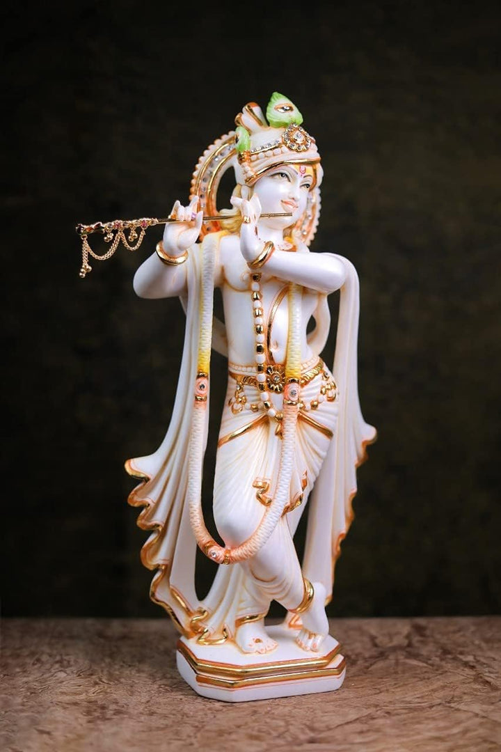 Krishna-Statue – 43,2 cm stehender Marmor-Lord Krishna Murti, Spielflöte Hase, Krishna Idol Hindu-Go