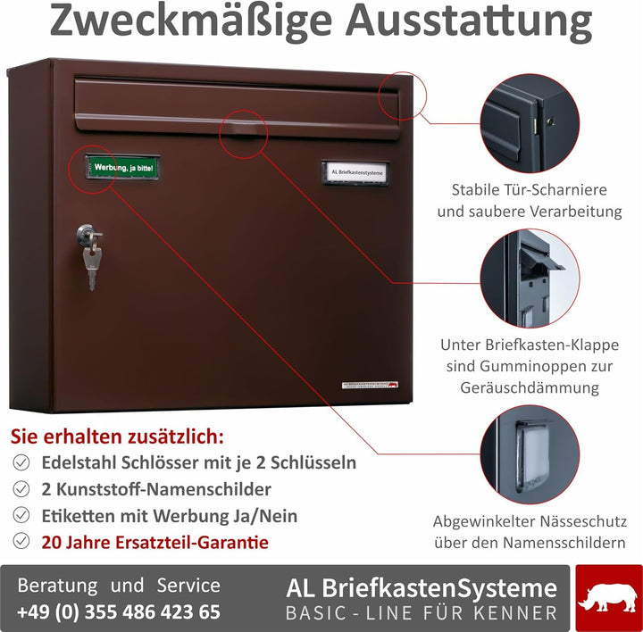 AL Briefkastensysteme Basic 2er Briefkasten RAL 8017 Schokoladen Braun 2 Fach DIN A4 wetterfest Brie