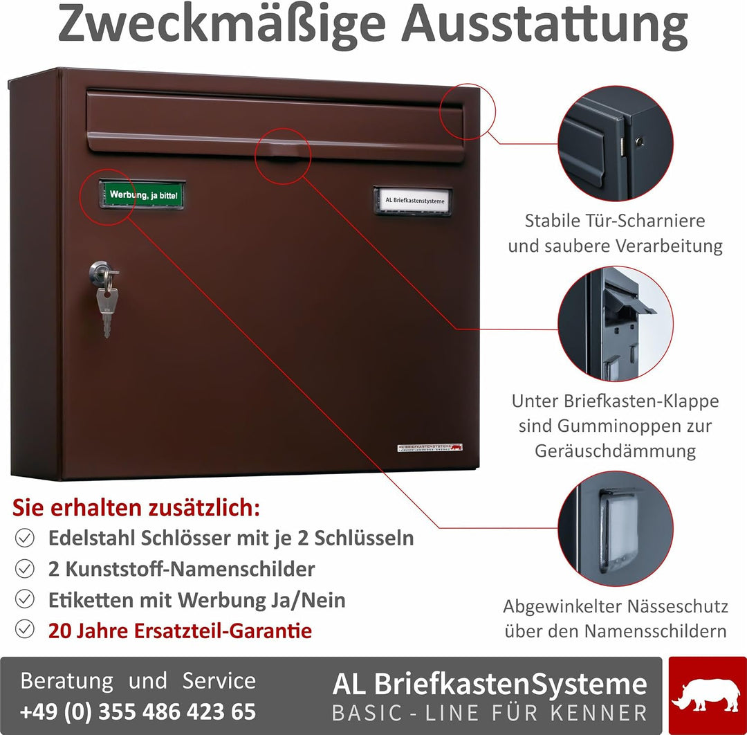 AL Briefkastensysteme Basic 6er Briefkasten RAL 8017 Schokoladen Braun 6 Fach DIN A4 wetterfest Brie