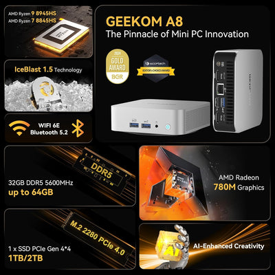 GEEKOM A8 AI Mini PC, AMD Ryzen 7 8845HS (8 Kerne 16 Threads, bis zu 5,1 GHz) Mini Gaming PC Windows