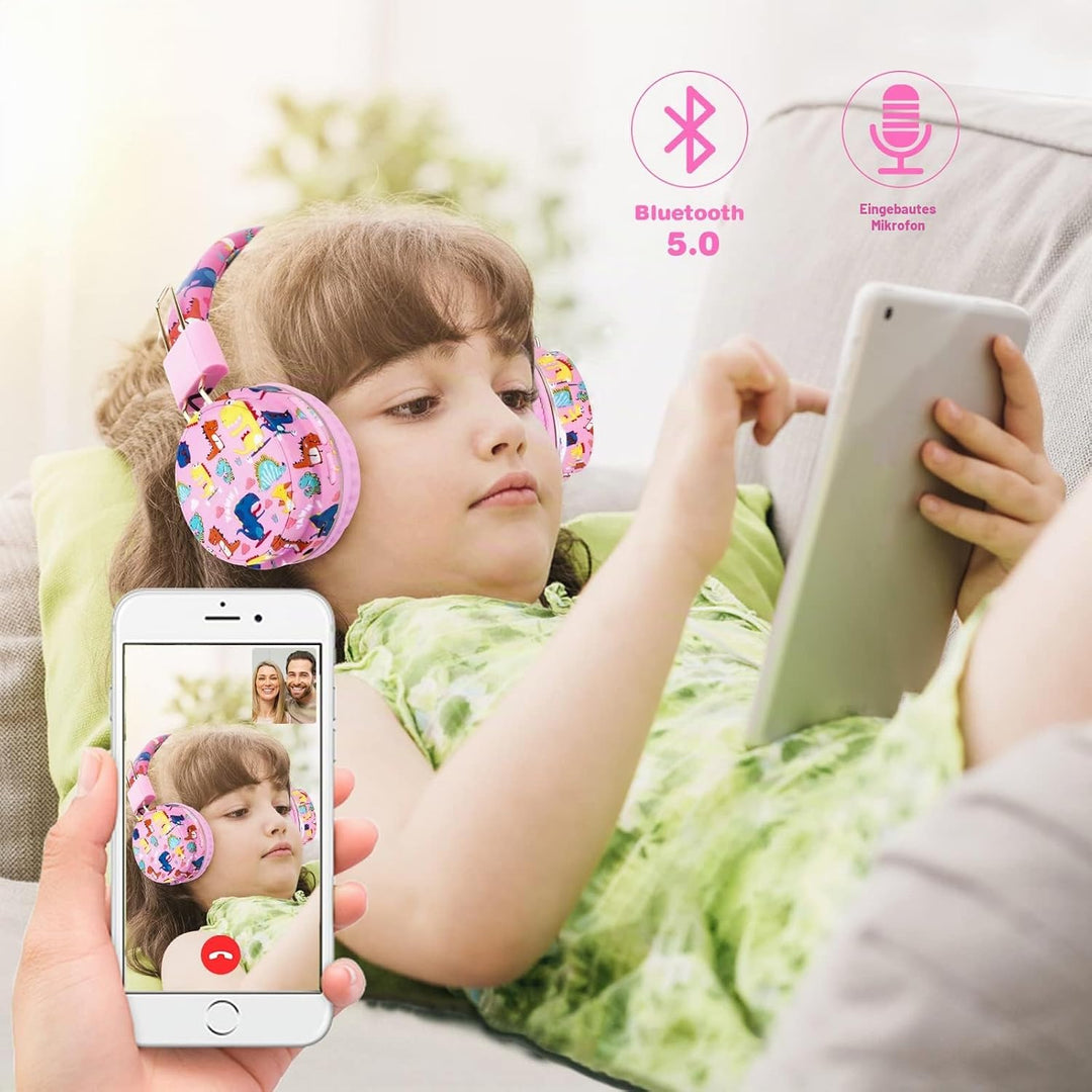 JYPS Bluetooth Kopfhörer Kinder, Dinosaurier Kopfhörer Kabellos Kinder mit Kabel und Mikrofon, Kids