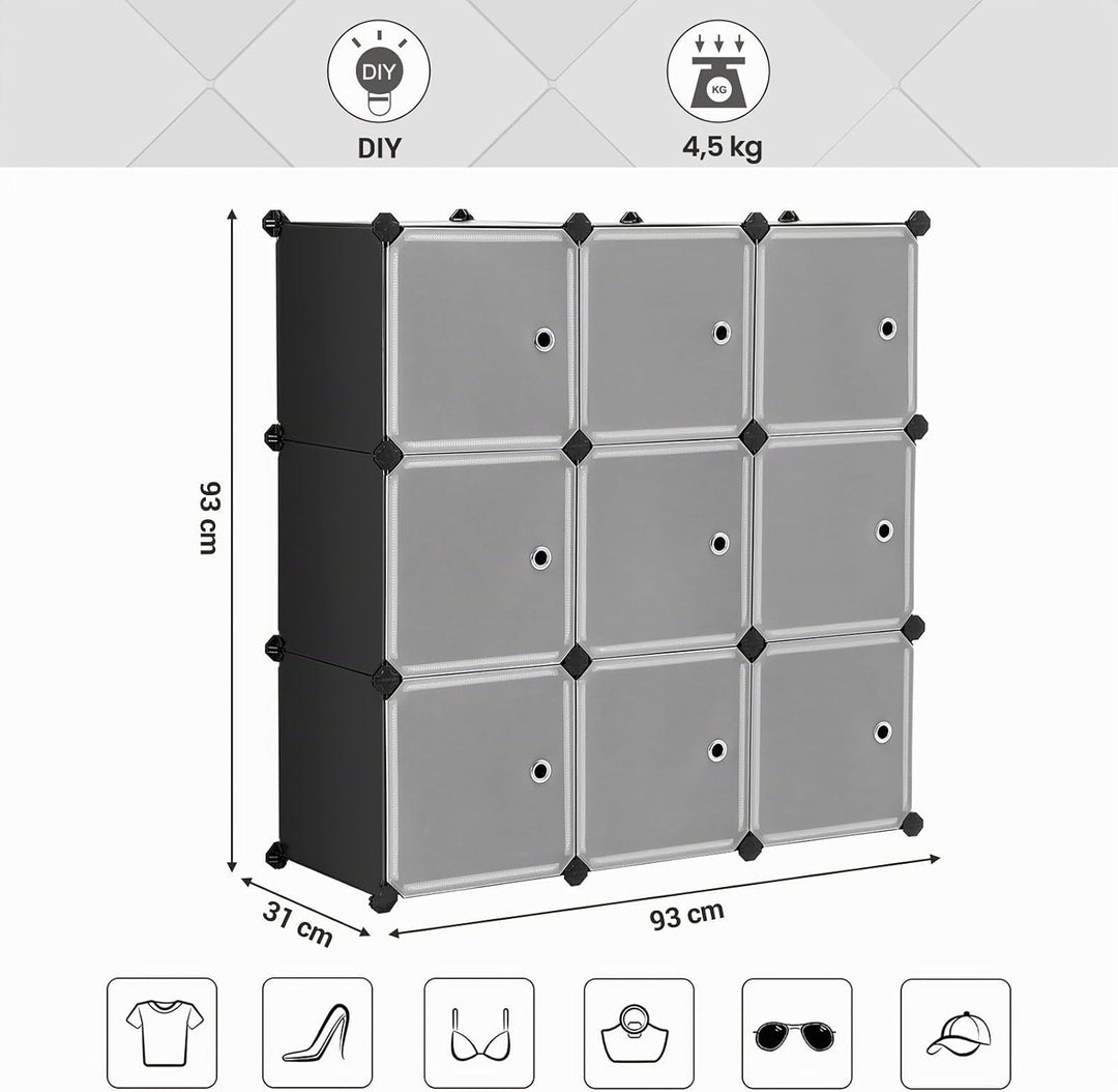 SONGMICS Regalsystem, Schuhregal, Set aus 9 Würfeln, Kleiderschrank aus Kunststoff, mit Türen, Steck