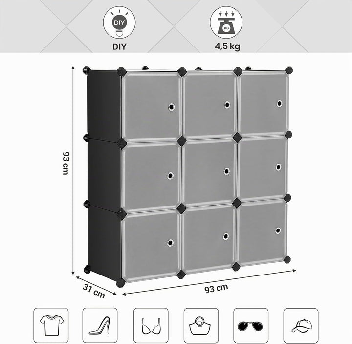 SONGMICS Regalsystem, Schuhregal, Set aus 9 Würfeln, Kleiderschrank aus Kunststoff, mit Türen, Steck