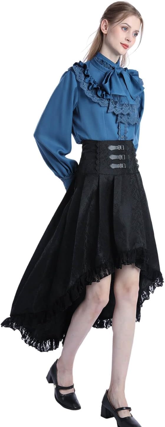 Fiamll Damen Viktorianisch Bluse Vintage Schleifenhemd Stehkragen mit Ruff Langarmshirt Mittelalter
