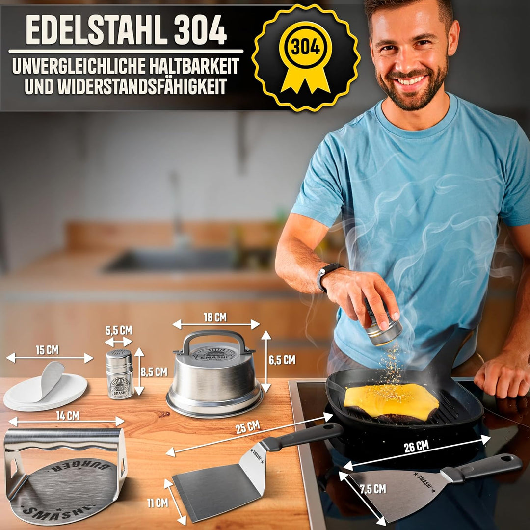 SMASHI® Smash Burger Set Professionell aus Edelstahl 304 – Burgerpresse, 2 Spachtel, Burgerglocke, G
