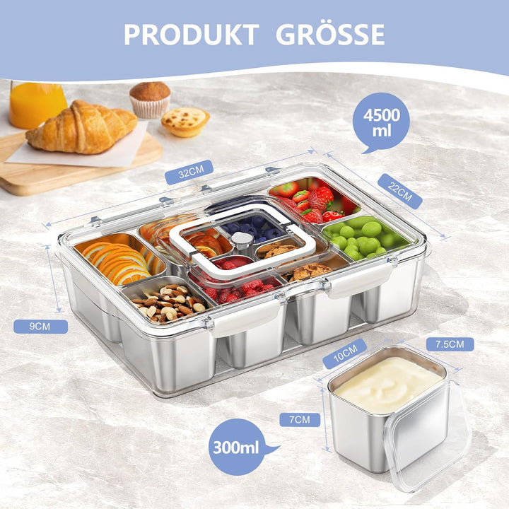 JINDUN Snackbox mit 8 Edelstahl Fächern, 2 Stück Snackteller mit Griff und Einzelnen Deckeln, Verhin