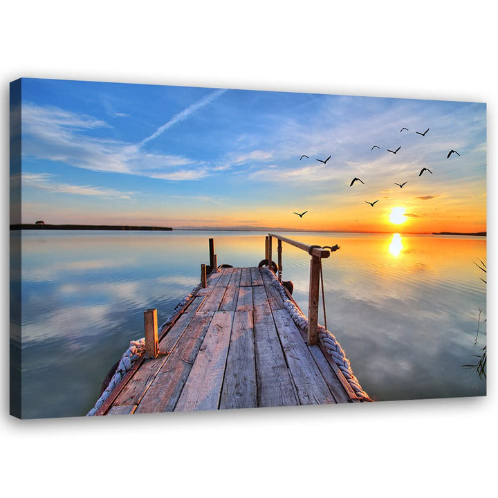 Feeby Vlies Leinwandbild Sonnenuntergang See Strand Holzsteg 90x60 cm Druckbild Wandbild Wanddekorat