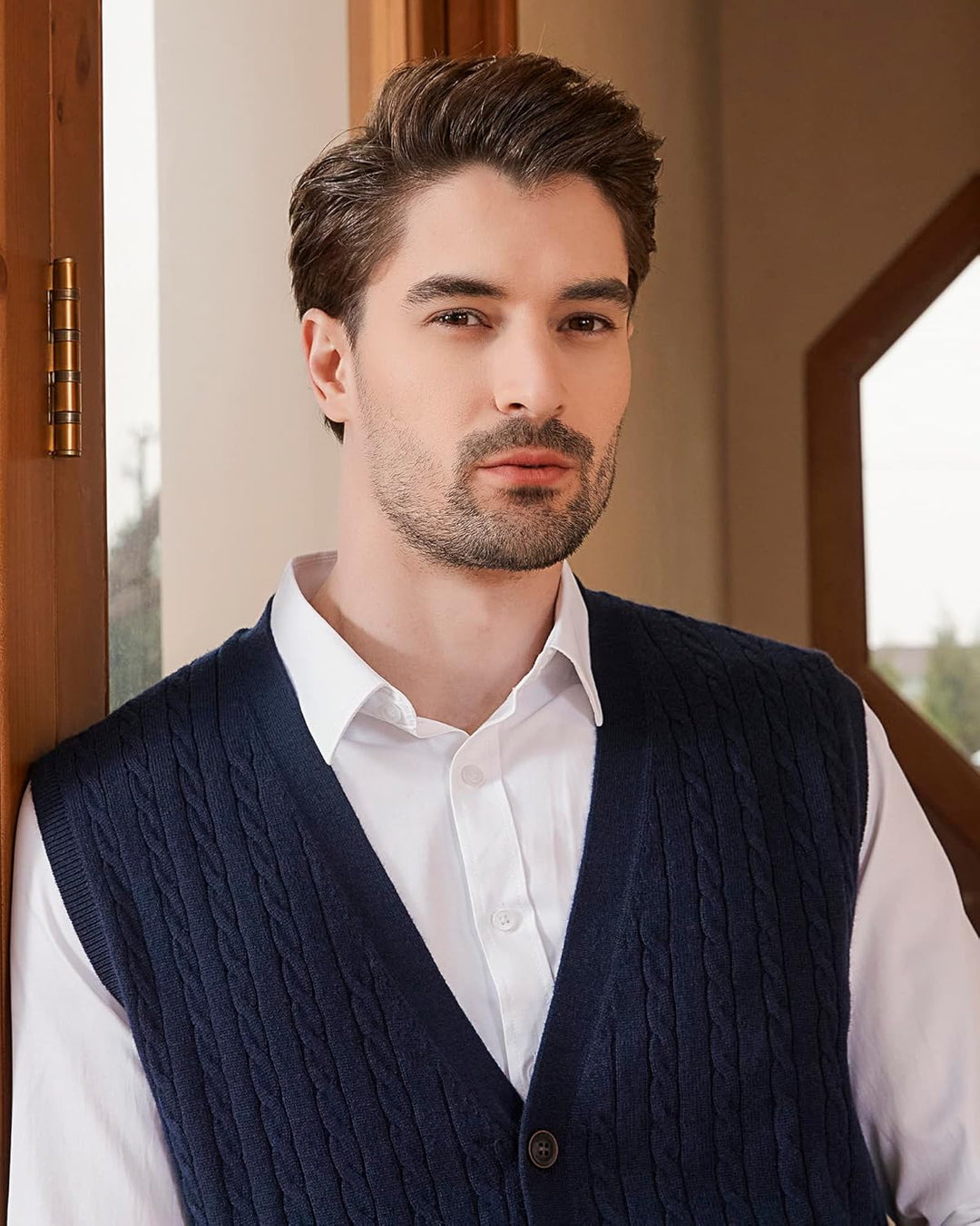 Kallspin Herren Strickweste Ärmellos Cardigan Wollmischung mit Zopfmuster und Knöpfen L Marineblau,