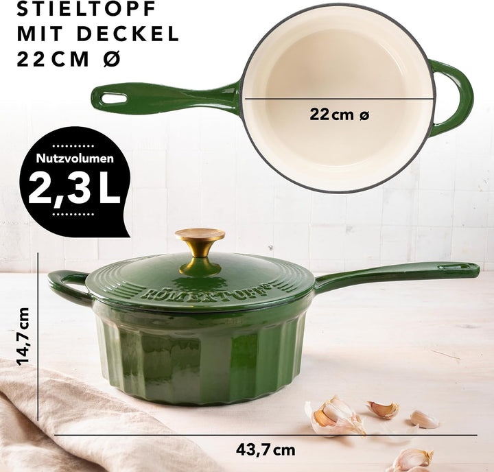 Römertopf Gusseisen Stielkasserolle mit Deckel 22 cm – Stieltopf Emaille-Beschichtung, alle Herdarte