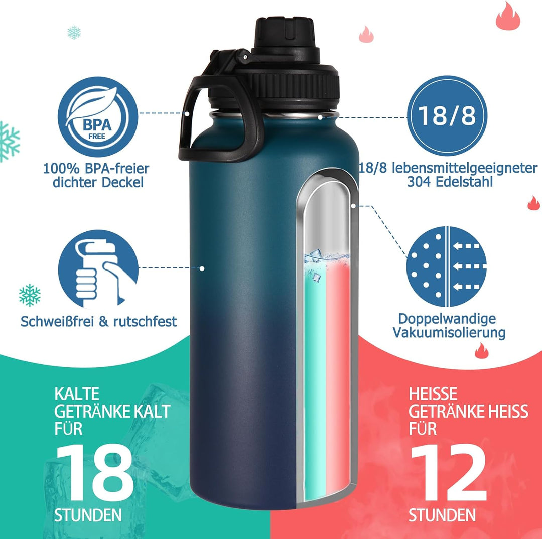 Volhoply 1 Liter Trinkflasche Edelstahl Zwei Packungen,Doppelwandig Vakuum Isolierte Thermosflasche