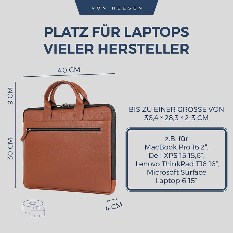 VON HEESEN Leder Aktentasche Laptoptasche bis 16 Zoll aus hochwertigem Nappa-Leder Cognac Braun, Cog