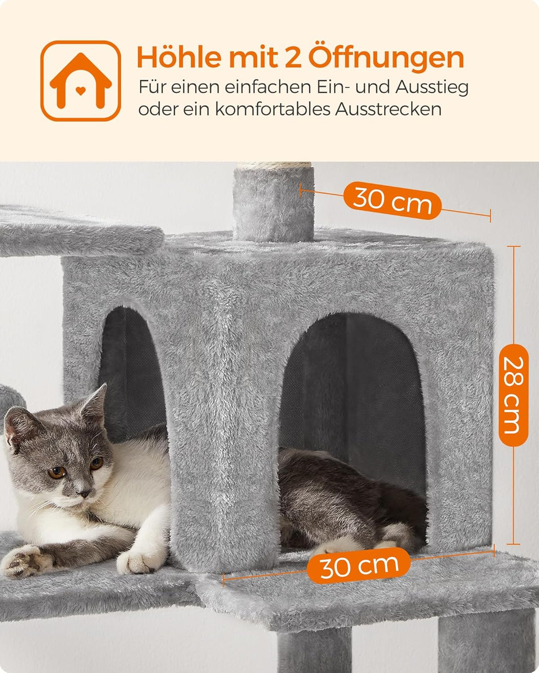 Feandrea Kratzbaum, 143 cm hoch, Katzenbaum, mehrstöckige Katzenhaus, mit 4 Kratzsäulen, 2 Plattform