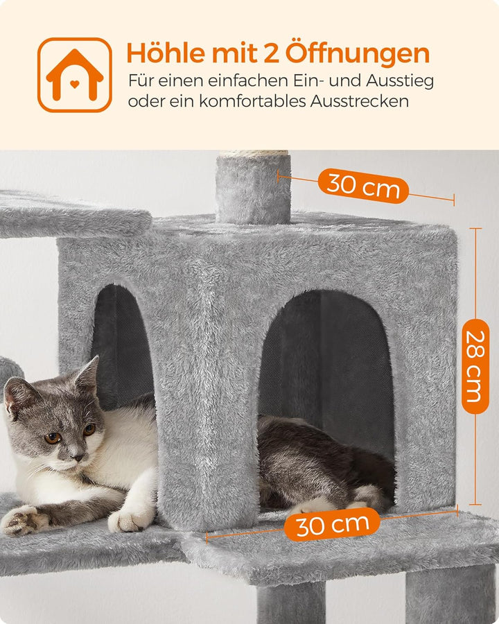 Feandrea Kratzbaum, 143 cm hoch, Katzenbaum, mehrstöckige Katzenhaus, mit 4 Kratzsäulen, 2 Plattform