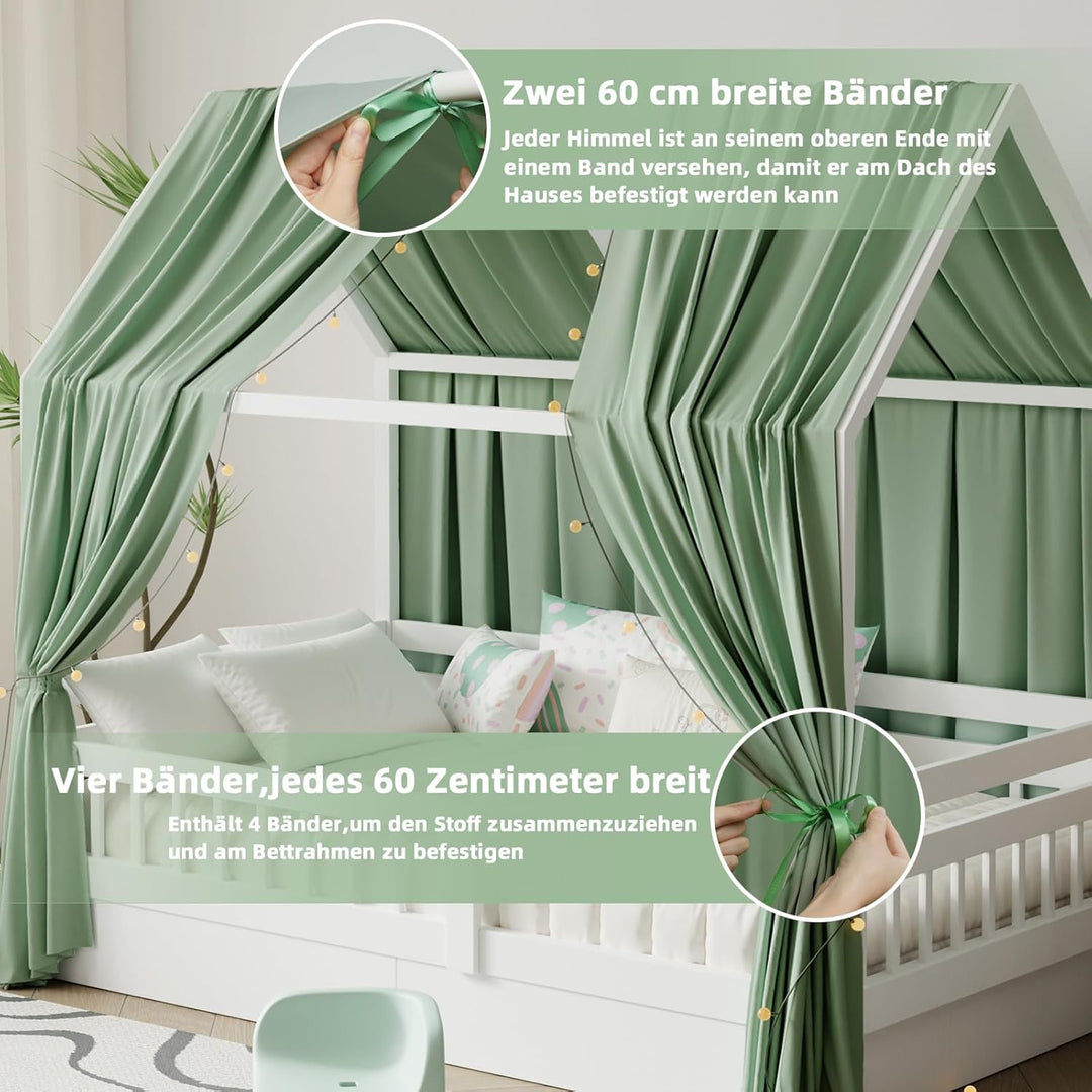 Hausbett Himmel mit Lichterkette 2 Stück Deko Baldachin Hausbett Vorhang,Betthimmel Musselin Stoffhi