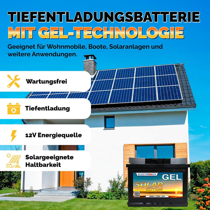 Electronicx GEL Versorgungsbatterie 12V 80Ah – GEL Batterie 12 Volt 80 Ah – Solar Batterie- Wohnmobi