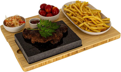 Lavastein Steakbrett 2 Sets, Servierplatte, Bambusbrett mit Hot Stone Grill, Steak Grillplatte, Stei