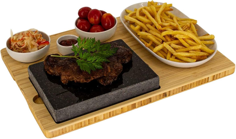 Lavastein Steakbrett 2 Sets, Servierplatte, Bambusbrett mit Hot Stone Grill, Steak Grillplatte, Stei