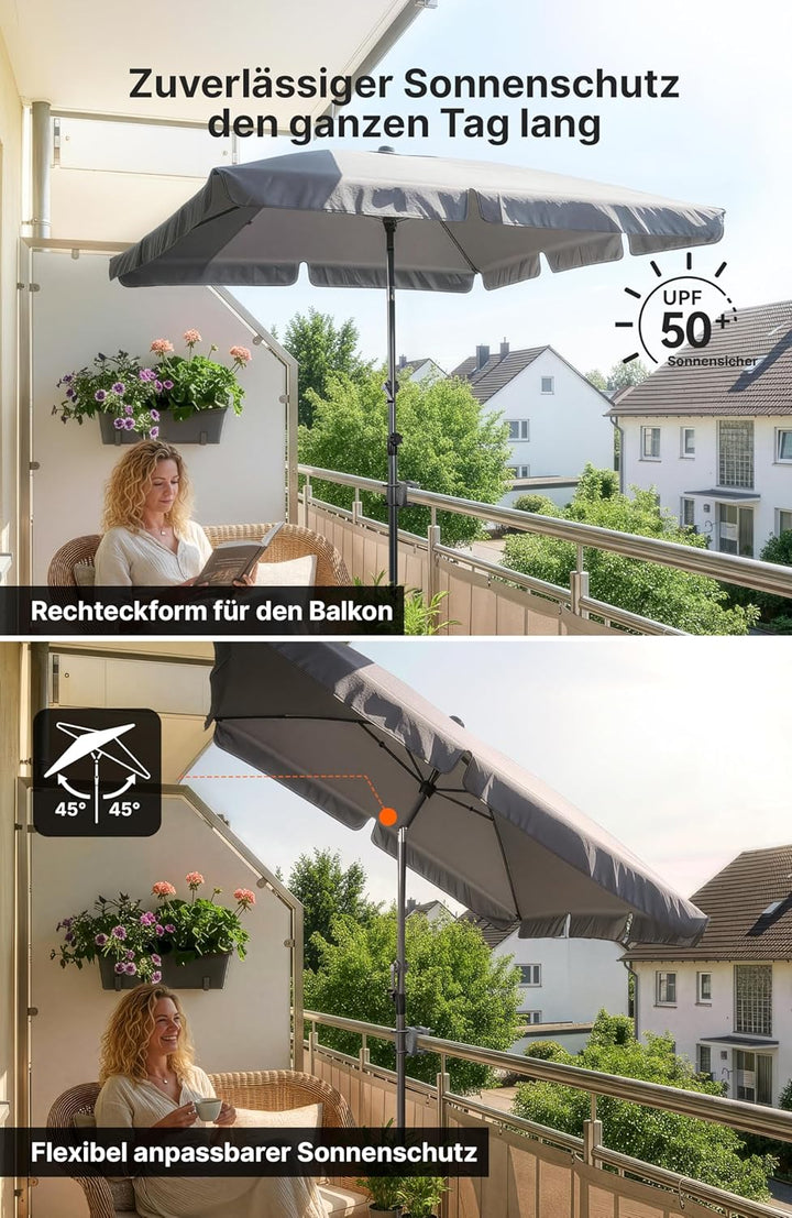 4smile Sonnenschirm Balkon mit Halterung im 3-er-Set, Sonnenschirm rechteckig 200x125 cm, Balkonschi