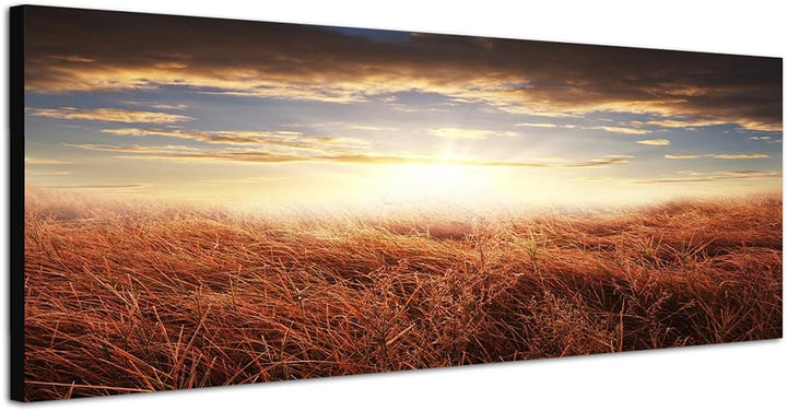 Paul Sinus Art Panoramabild auf Leinwand und Keilrahmen 150x50cm Feld Herbst Sonnenuntergang Wolken