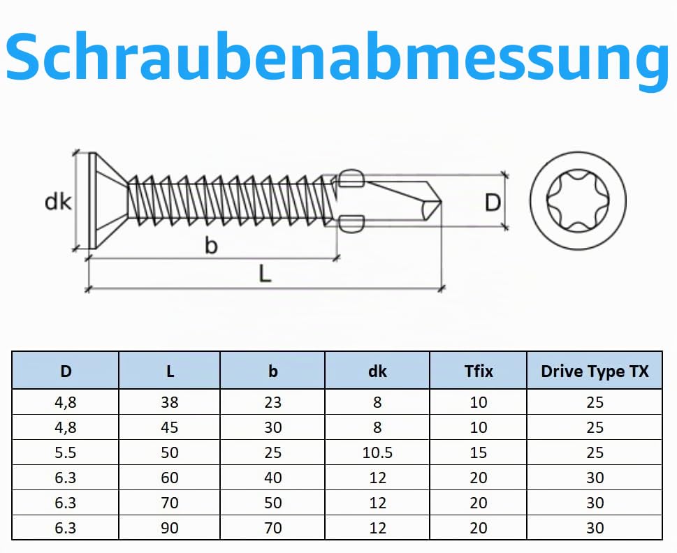 6.3mm Metallschrauben Selbstschneidende Torx-Flachkopf-Bohrschrauben (Packung mit 100) für den Ausse