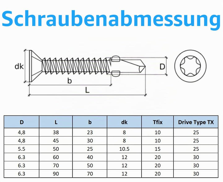 6.3mm Metallschrauben Selbstschneidende Torx-Flachkopf-Bohrschrauben (Packung mit 200) für den Ausse