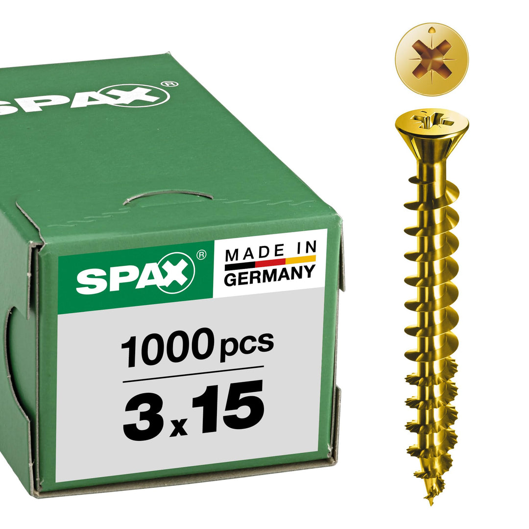 SPAX Universalschraube, 3,0 x 15 mm, 1000 Stück, Kreuzschlitz Z1, Kleiner Senkkopf (Ø 5mm), Vollgewi